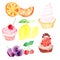 Colorful cupcakes with berries and fruits drawn by watercolor on paper