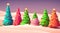 Colorful cute abstract cone shaped christmas tress in fantasy landscape with copy space. Modern vibrant christmas card generative