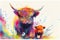 Colorful cute adorable Highland cow and baby calf