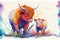 Colorful cute adorable Highland cow and baby calf