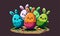Colorful Cute Baby Bunnies Or Rabbits Characters Inside Cracked Eggshells On Landscape Against Brown Background.