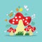 Colorful cute cartoon hand drawn Mushrooms flat design icons with butterfly, hearts, leaves and textures nature on blue
