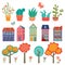 Colorful cute city collection - plants, houses and