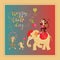 Colorful cute Happy birthday card with cheerful elephant, crocodile and monkeys