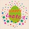 Colorful cute Happy Easter postcard with lettering, egg, stars, dots, triangles