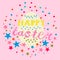 Colorful cute Happy Easter postcard with lettering, egg, stars, dots, triangles