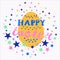 Colorful cute Happy Easter postcard with lettering, egg, stars, dots, triangles in a circle composition