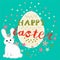 Colorful cute Happy Easter postcard with rabbit, lettering, egg, stars, dots, triangles