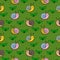 Colorful cute little snails crawl among plants, seamless square pattern