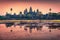 Colorful dawn in Angkor Wat, iconic buddhist temple sprawling complex building surrounded by a wide moat