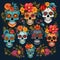 Colorful decorated painted human skulls with flowers on a dark background. For the day of the dead and Halloween