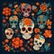 Colorful decorated painted human skulls with flowers on a dark background. For the day of the dead and Halloween