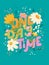 Colorful decorative hand lettered design with daisies, flowers and flower decoration. Spring vibrant vector illustration