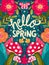 Colorful decorative hand lettered design with mushrooms, flowers and flower decoration. Hello spring vibrant vector illustration