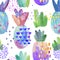 Colorful decorative pineapples with watercolor texture, doodles drawings, abstract geometric elements.