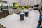 Colorful Decorator Jugs & Serving Tray On Modern Kitchen Counter Island