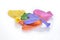 Colorful deflated heart-shaped balloons