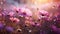 Colorful defocused cosmos flowers in sunlit meadow macro close up shot with beautiful bokeh effect