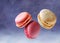 Colorful Delicacies in Flight: Close-Up of Four Macaroons Soaring through the Air, a Whimsical Delight