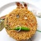 Colorful Delicious yummy prawn briyani with prawn fry in center with prawn fry and raita plated beautifully in white plate with