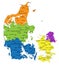 Colorful Denmark political map with clearly labeled, separated layers.