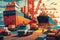 colorful depiction of a busy shipping yard with towering cranes and a fleet of trucks and containers in motion