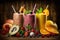 Colorful Different Smoothies And Juices Standing On Wooden Table - Generative AI