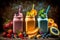 Colorful Different Smoothies And Juices Standing On Wooden Table - Generative AI