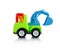 Colorful digging truck toy isolated on white background with shadow reflection, clipping, vector path. Plastic child plaything.