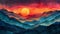 Colorful digital artwork of mountain landscape at sunset