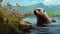 Colorful Digital Painting Of Otter Swimming In Scenic Water