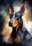 A colorful, digital watercolour painting, showing the portrait of a Doberman Pinscher dog
