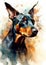 A colorful, digital watercolour painting, showing the portrait of a Doberman Pinscher dog