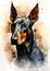 A colorful, digital watercolour painting, showing the portrait of a Doberman Pinscher dog