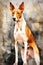 A colorful, digital watercolour painting, showing the portrait of a ibizan hound.
