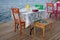 A colorful dining table t the seaside