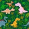 Colorful dinosaurs on the background of a wild prehistoric forest.