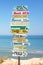 Colorful directions signs on the beach to different places of the world Travel concept