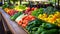 Colorful display of fresh vegetables at farmers market