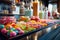 A colorful display of tempting sweets at the candy store counter