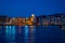 Colorful dockside buildings on blue night background in Portofino Hotel at Universal Studios area 1