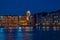 Colorful dockside buildings on blue night background in Portofino Hotel at Universal Studios area 3