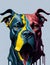 Colorful dog\\\'s serious expression on the white background conveys a sense of focused determination and unwavering resolve