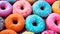 Colorful Donut Extravaganza: Assorted Flavors on a Wooden Table