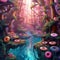 Colorful donut filled forest in magical donut scene. Created using ai generative.