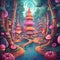 Colorful donut filled forest in magical donut scene. Created using ai generative.