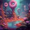 Colorful donut filled forest in magical donut scene. Created using ai generative.