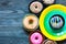 Colorful Donuts breakfast composition with different color styles