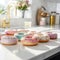 colorful donuts closeup on a kitchen plot with a background of a modern kitchen - generate Ai