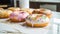 colorful donuts closeup on a kitchen plot with a background of a modern kitchen - generate Ai